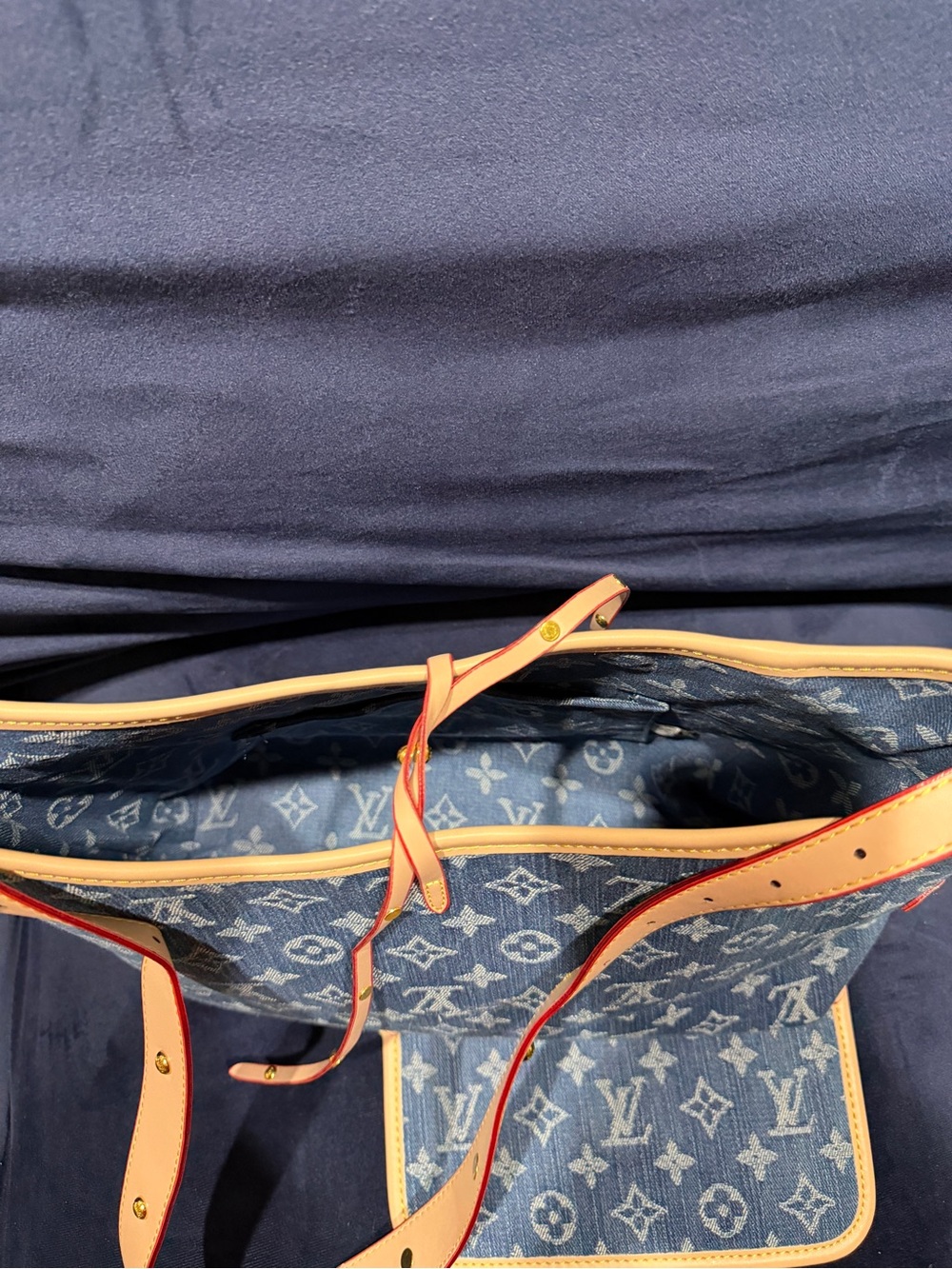 Blue Monogram Denim Shoulder Bag with Beige Trim - Picture 5 of 7